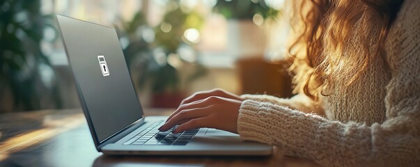 Wall Mural - Woman using a laptop with Privacy Lock icon on virtual screen, emphasizing privacy and security features, clear and detailed, 4K quality