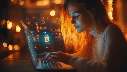 Aufkleber - Woman using a laptop with Privacy Lock icon on virtual screen, emphasizing privacy and security features, clear and detailed, 4K quality