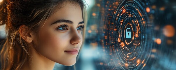 Aufkleber - Woman with a laptop displaying a Privacy Lock icon on virtual screen, techfocused and secure environment, detailed and vibrant, highresolution