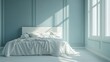 © Who is Santi - Mock up frame of a minimalist bedroom corner with a sleek white bed, muted blue walls, and a cozy blanket on the bed