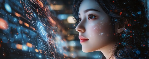 Aufkleber - Woman with a laptop displaying a Privacy Lock icon on virtual screen, techfocused and secure environment, detailed and vibrant, highresolution