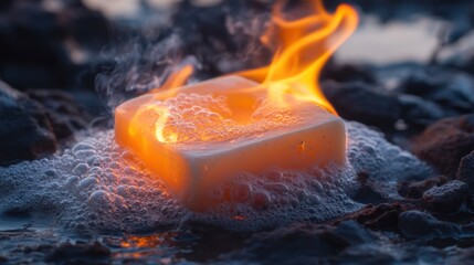 Poster - A glowing bar of soap ignites with flames and bubbles on a rocky surface by the water.