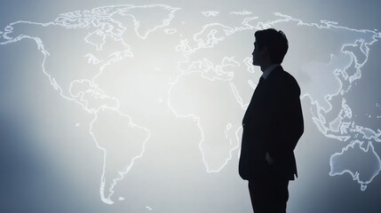 Poster - A silhouetted man in a suit stands before a world map, symbolizing global business or strategy.