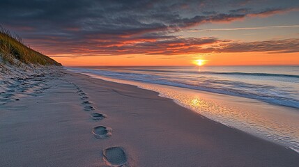 Wall Mural - footprints leading towards the setting sun on a sandy beach with calm waves and a cloudy sky.