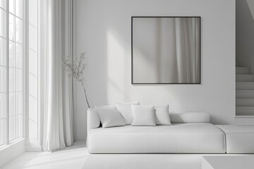 Modern, white minimalist interior. Modern interior design for posters in the living room layout with a white sofa with space to copy.  with generative ai