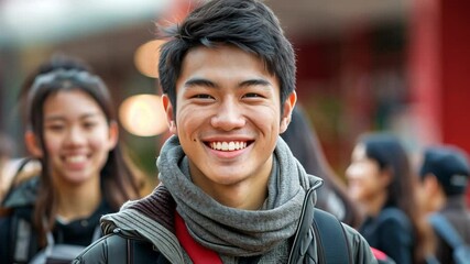 Poster - In a vibrant city atmosphere, a young man beams with happiness while surrounded by friends, enjoying a lively outdoor gathering filled with energy and excitement.