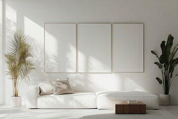 Modern, white minimalist interior. Modern interior design for posters in the living room layout with a white sofa with space to copy.  with generative ai