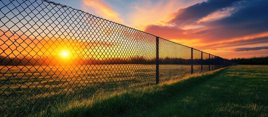 Poster - A chain link fence stretches across a field with a vibrant sunset in the background.