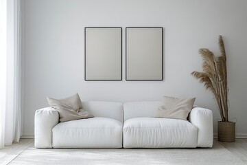 Modern, white minimalist interior. Modern interior design for posters in the living room layout with a white sofa with space to copy.  with generative ai