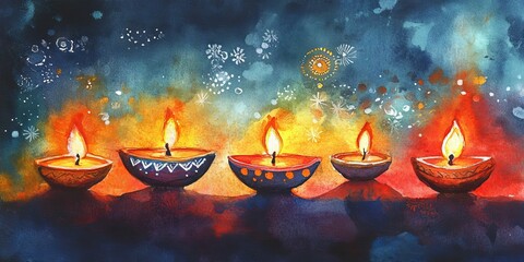 Canvas Print - Watercolor art featuring glowing diyas and festive decorations for Diwali.