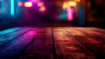 Wall Mural - Closeup of Wooden Table Surface Illuminated by Colorful Blurred Lights