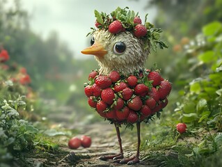 Sticker - Cute Bird Decorated with Strawberries in a Forest Path