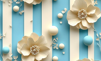 Canvas Print - 3D wallpaper with blue and white striped patterns