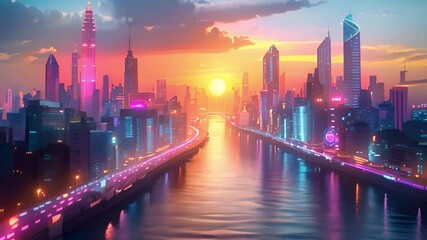 Aufkleber - A painting depicting a city at sunset with a river flowing through it, capturing the golden hues of the sky and the citys silhouette.