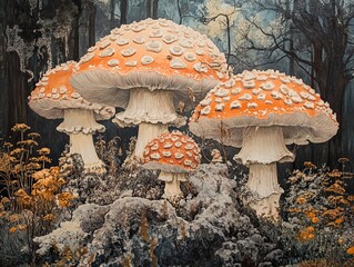 Sticker - Enchanted Forest: A Close-Up View of Stunning Red and White Mushrooms