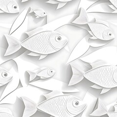 Wall Mural - 3D white paper cut-out fish seamless pattern