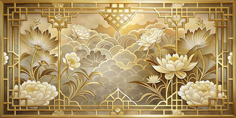 Wall Mural - Elegant gold vintage style borders and frames featuring intricate floral designs and lotus motifs. This artwork exudes sense of luxury and sophistication, perfect for enhancing any decor