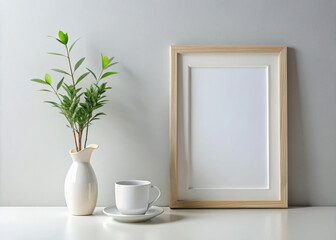 Wall Mural - minimalist setup featuring picture frame, cup on saucer, and vase with greenery creates serene atmosphere. This arrangement is perfect for enhancing any space