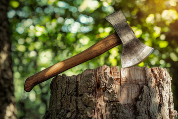 A rustic axe rests on a tree stump in a sunlit forest, symbolizing outdoor activities and craftsmanship.