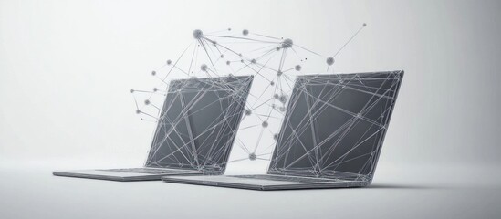 Canvas Print - Two Wireframe Laptops Connected by a Network