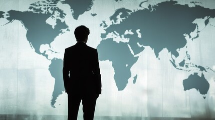 Poster - A silhouette of a person in business attire stands before a world map.