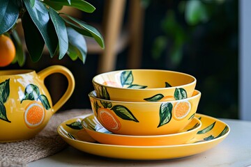 set of yellow crockery decorated with orange. Morden decoration kitchen idea. Space for text. Design interior web, restaurant, magazine -with generative ai