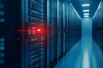 Poster - a corporate server room under a blue hue, with one server rack showing a red alert light, symbolizin