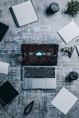 Poster - A top-down view of a workspace with a laptop showing a cyber attack warning, surrounded by notebooks and gadgets. The minimalist setting includes plenty of copy space for informational text.