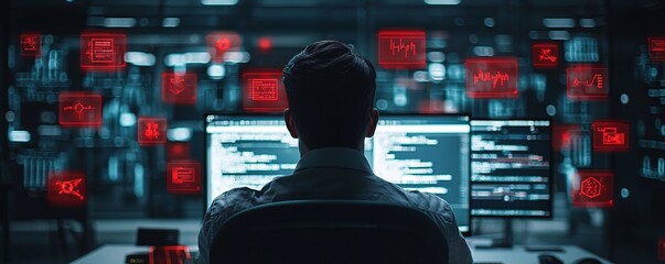 Aufkleber - a corporate it specialist staring at a computer screen filled with red alerts indicating multiple cy