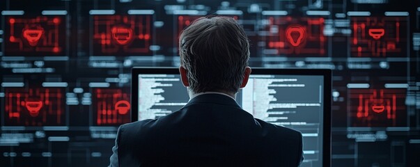 Wall Mural - A corporate IT specialist staring at a computer screen filled with red alerts indicating multiple cyber threats. The background is designed with generous copy space for cybersecurity-related messages.