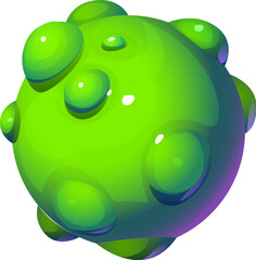 Poster - Cartoon fantasy green galaxy alien space planet, covered with numerous glossy, spherical bumps. Vector bright celestial body float in a dark, starry sky. Playful and imaginative extraterrestrial world