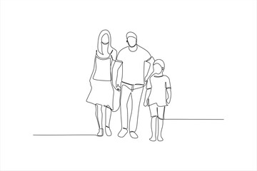 Wall Mural - continuous line drawing of a family with child walking