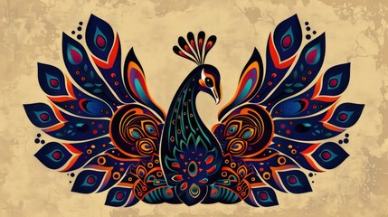 Sticker - Minimalist peacock head with intricate tribal designs.