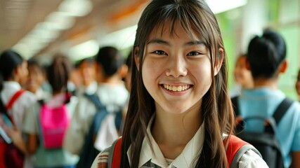 Poster - A cheerful student stands in a bustling school hallway, smiling brightly while classmates engage in conversations. The atmosphere is lively and energetic, typical of a school day.