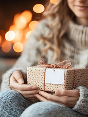 Wall Mural - Close-up photo of a Christmas present with a blank white tag, brown polka dot paper, and a red ribbon on it, in front of a fireplace