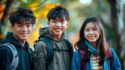 Poster - Three teenagers stand close together, laughing and smiling in a vibrant park. They wear casual jackets and backpacks, surrounded by colorful autumn foliage.