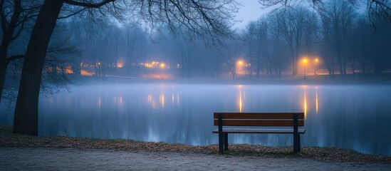 Sticker - A wooden bench sits on a foggy lakeshore with trees and streetlights reflecting on the water.