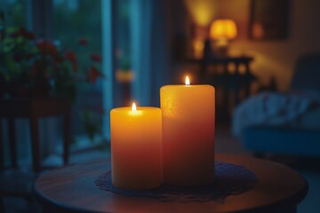 Two burning candles on a table in a living room with a blurry background of a window and furniture.