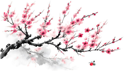 Wall Mural - Ancient style ink painting of flowers, beautiful peach blossoms and winter plum in artworks.