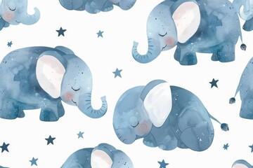 A blue elephant with its head resting on its chest is surrounded by stars