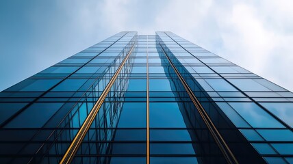 A low angle view of a modern glass skyscraper reaching towards a blue sky.