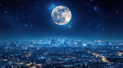 A stunning nighttime cityscape with a bright full moon and twinkling stars overhead.