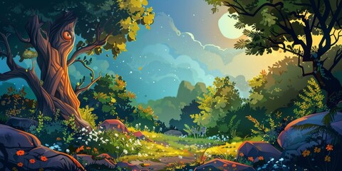 Realistic cartoon background with detailed hand-drawn illustrations.