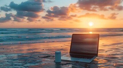 Wall Mural - workspace with a laptop and inhaler at sunrise on a calm beach