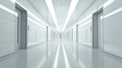  A modern, sterile corridor featuring sleek elevators, bright lighting, and reflective floors, ideal for architectural and interior design themes.