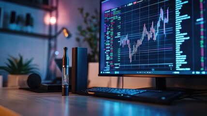Poster - A modern workspace featuring a computer monitor displaying a stock market graph, under ambient lighting for an engaging atmosphere.