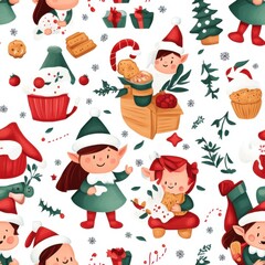 Wall Mural - Colorful Christmas Elves Pattern for Holiday Decor