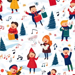 Wall Mural - Festive Carolers in Winter Wonderland Pattern