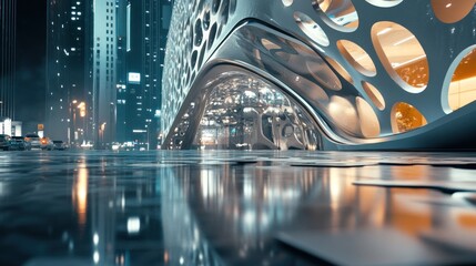 Poster - Futuristic architectural design with organic shapes reflecting in wet pavement.