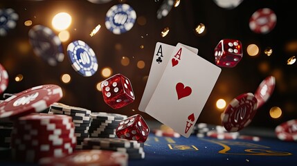 Casino Elements with Playing Cards and Dice Falling